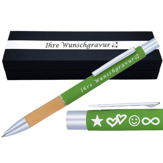 Kugelschreiber mit Gravur | Bambusgriffzone | Blau schreibend | Kugelschreiber personalisiert | Wunschgravur mit Symbolen möglich | mit Box | 6 Farben