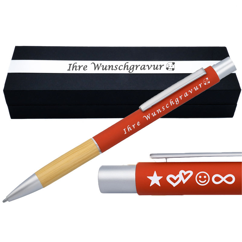 Kugelschreiber mit Gravur | Bambusgriffzone | Blau schreibend | Kugelschreiber personalisiert | Wunschgravur mit Symbolen möglich | mit Box | 6 Farben