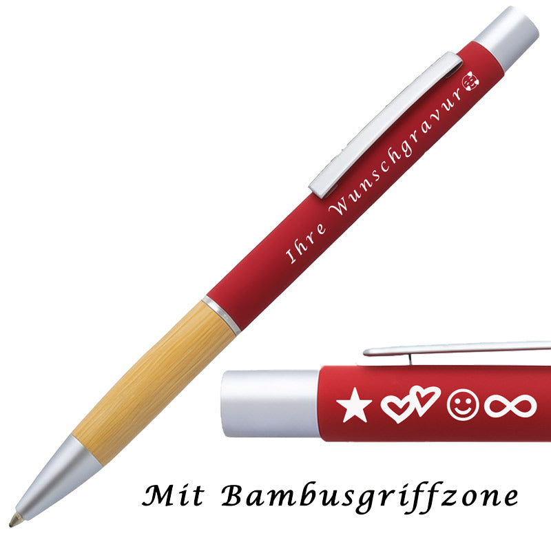 Kugelschreiber mit Gravur | Bambusgriffzone | Blau schreibend | Kugelschreiber personalisiert | Wunschgravur mit Symbolen möglich | mit Stiftbox | 6 Farben