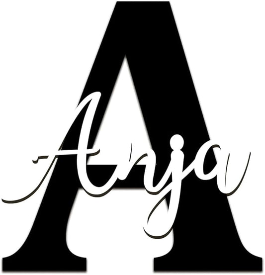 Acryl Name mit Initiale – dekoratives Wandbild mit schwarzem Buchstaben & farbigem Namen – in Weiß, Gold, Rosé oder Silber