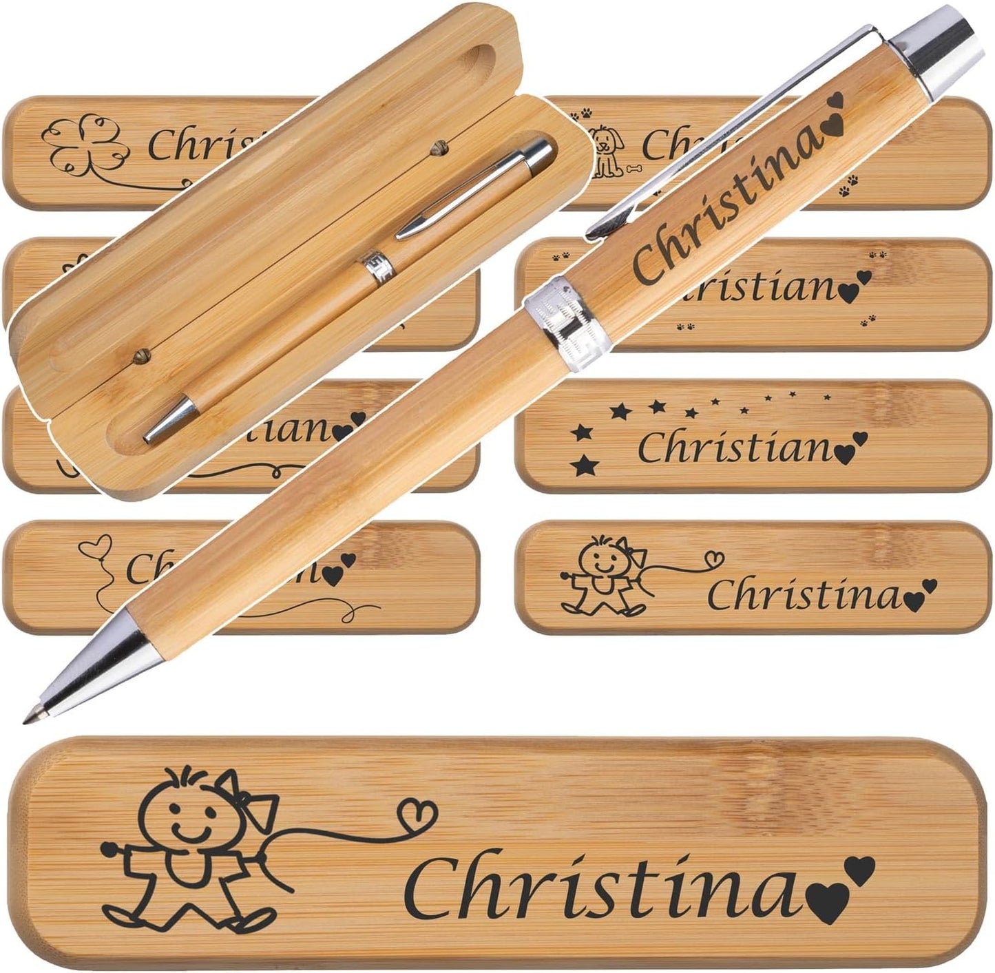 Personalisierter Bambus-Kugelschreiber mit Etui | Kugelschreiber mit Wunschgravur | Bambus Eui mit Gravur | Blau schreibend | verschiedene Motive