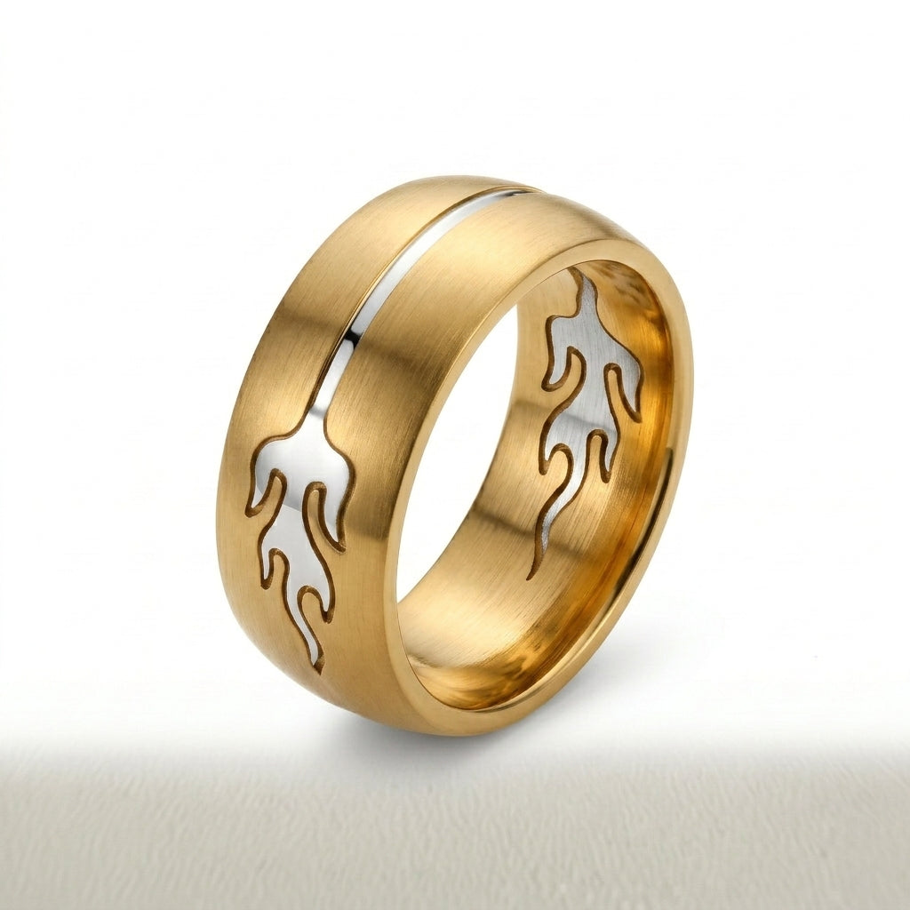 Herrenring Edelstahl Gold mit Flammenmuster