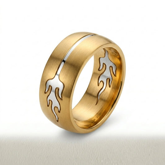 Herrenring Edelstahl Gold mit Flammenmuster
