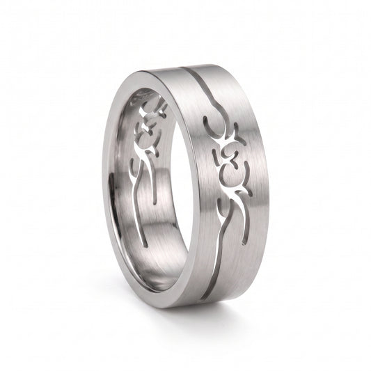 Herrenring Edelstahl Silber mit durchbrochenem Tribal-Muster
