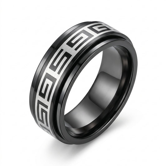 Herrenring Edelstahl Schwarz mit Mäander-Muster