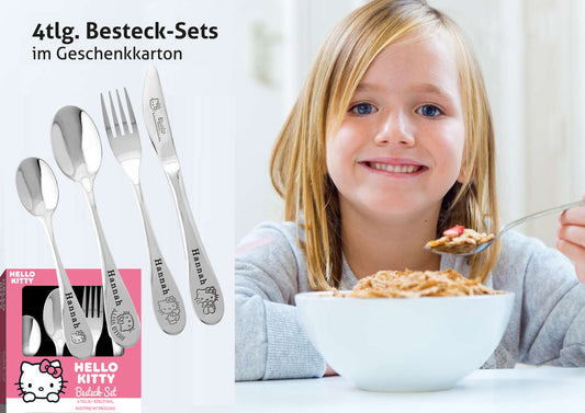 Hello Kitty® Kinderbesteck mit Namensgravur | 4-telig | Edelstahl | Wunschgravur Symbole ♥ möglich| Rostfrei | Mit Prägung | Spülmaschinenfest