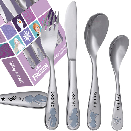 Frozen Eiskönigin Kinderbesteck mit Namensgravur | 4-telig | Edelstahl | Wunschgravur Symbole ♥ möglich| Rostfrei | Mit Prägung | Spülmaschinenfest