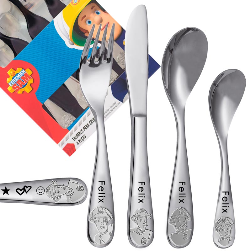 Feuerwehrmann Sam Kinderbesteck mit Namensgravur | Symbole ♥ | 4-telig | Wunschgravur möglich | Rostfrei | Mit Prägung | Spülmaschinenfest