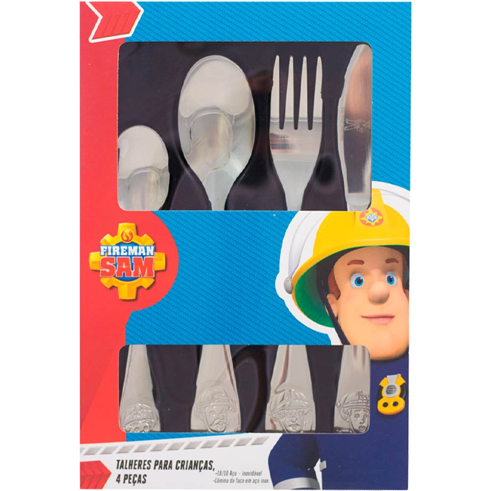 Feuerwehrmann Sam Kinderbesteck mit Namensgravur | Symbole ♥ | 4-telig | Wunschgravur möglich | Rostfrei | Mit Prägung | Spülmaschinenfest