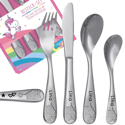 Einhorn Kinderbesteck mit Namensgravur | Symbole ♥ Gravur | 4-telig | Rostfrei | Mit Prägung | Spülmaschinenfest |