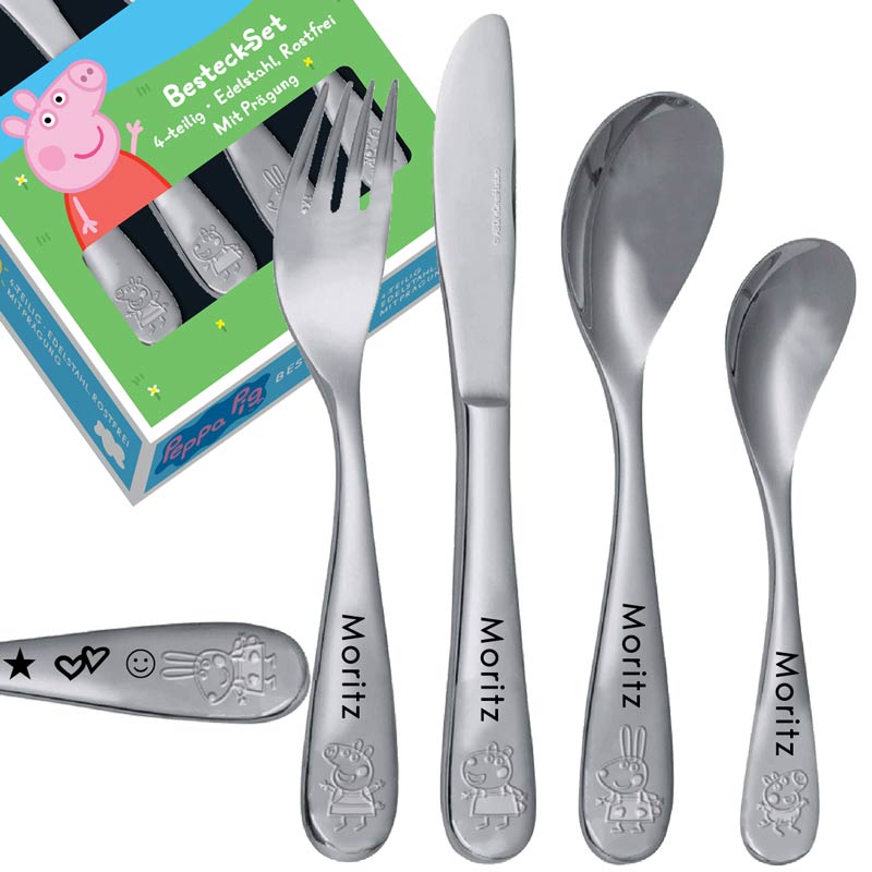 Peppa Pig mit Namensgravur | Symbole ♥ Gravur | 4-telig | Rostfrei | Mit Prägung | Spülmaschinenfest |