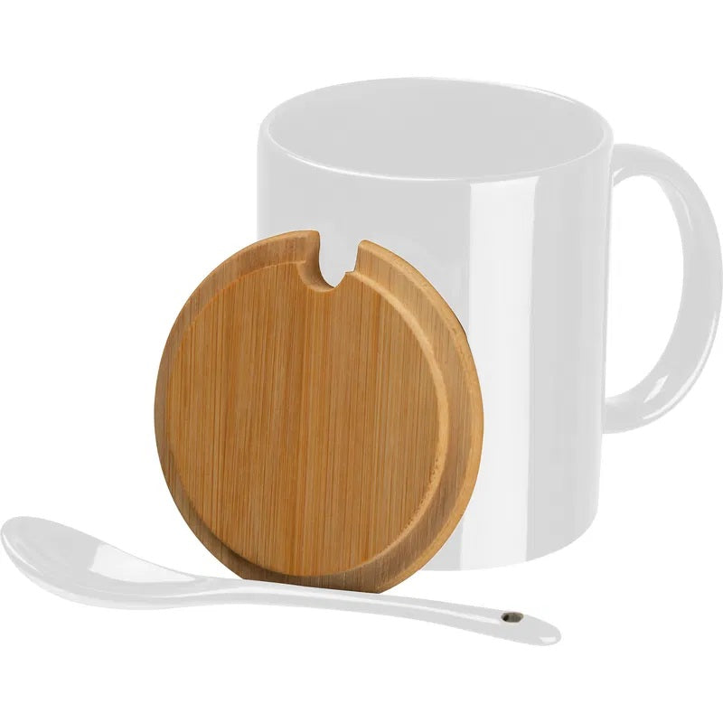 Tasse mit Bambusdeckel und Löffel | Porzellan | Personalisierbar mit Gravur | Geschenkidee für alle | Wunschgravur mit Symbolen | Inkl. Löffel – Geschenkidee