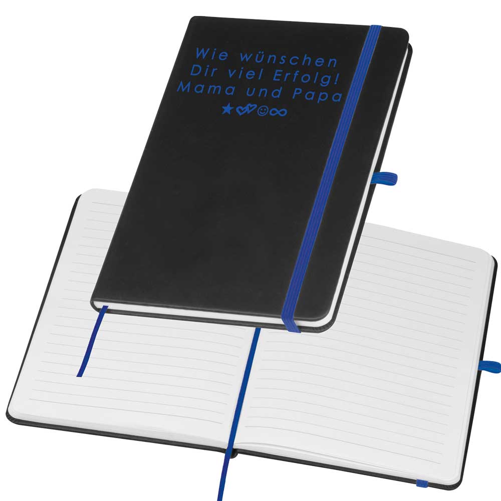 A5 Notizbuch mit farbiger Gravur | Kunstlederumschlag | 192 linierte Seiten | farbiges Lesebändchen | Personalisiert | Notizbuch liniert-Blau