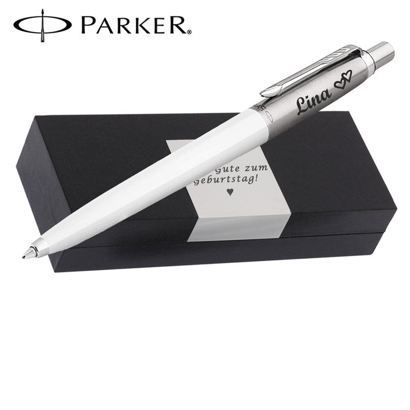 PARKER JOTTER ORIGINALS White Kugelschreiber mit Wunschgravur Mittlere Spitze Blaue Tinte Geschenkbox mit Gravur