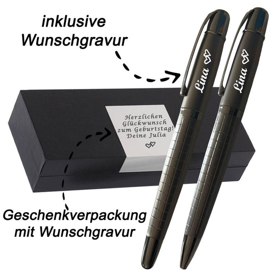 Edles 2er Schreibset in Gun-Metal-Optik – Mit Wunschgravur,Personalisierbar, Symbolen & elegantem Muster – Persönliches Geschenk