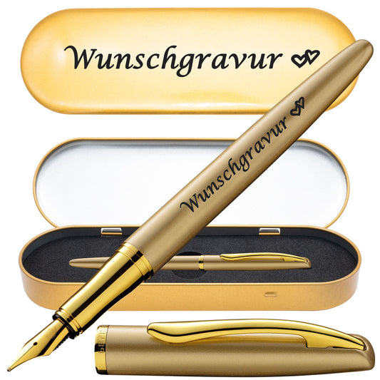 Pelikan Füllhalter Jazz® Noble Elegance mit Gravur als Geschenk | inkl. Etui gold mit Wunschgravur (Platz für 10 Stifte) | Emojis Gravur möglich | Farbe Gold | personalisiert mit Wunschgravur