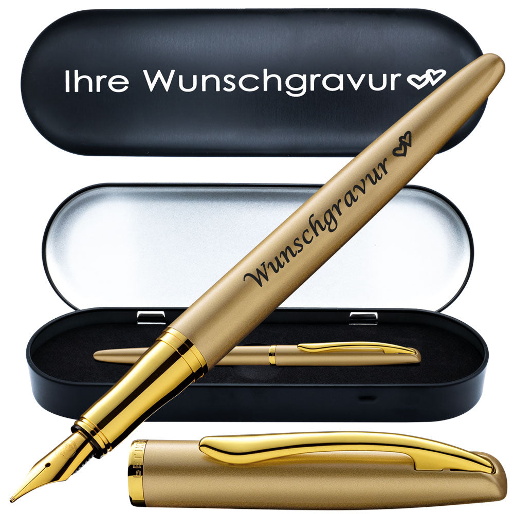 Pelikan Füllhalter Jazz® Noble Elegance mit Gravur als Geschenk | inkl. Etui schwarz mit Wunschgravur (Platz für 10 Stifte) | Emojis Gravur möglich | Farbe Gold | personalisiert mit Wunschgravur