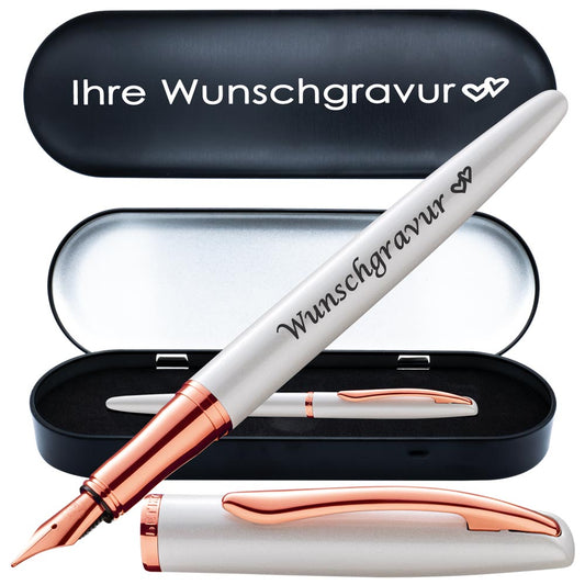 Pelikan Füllhalter Jazz® Noble Elegance mit Gravur als Geschenk | inkl. Etui mit Wunschgravur (Platz für 10 Stifte) | Emojis Gravur möglich | Farbe Perlmutt Weiß | personalisiert mit Wunschgravur