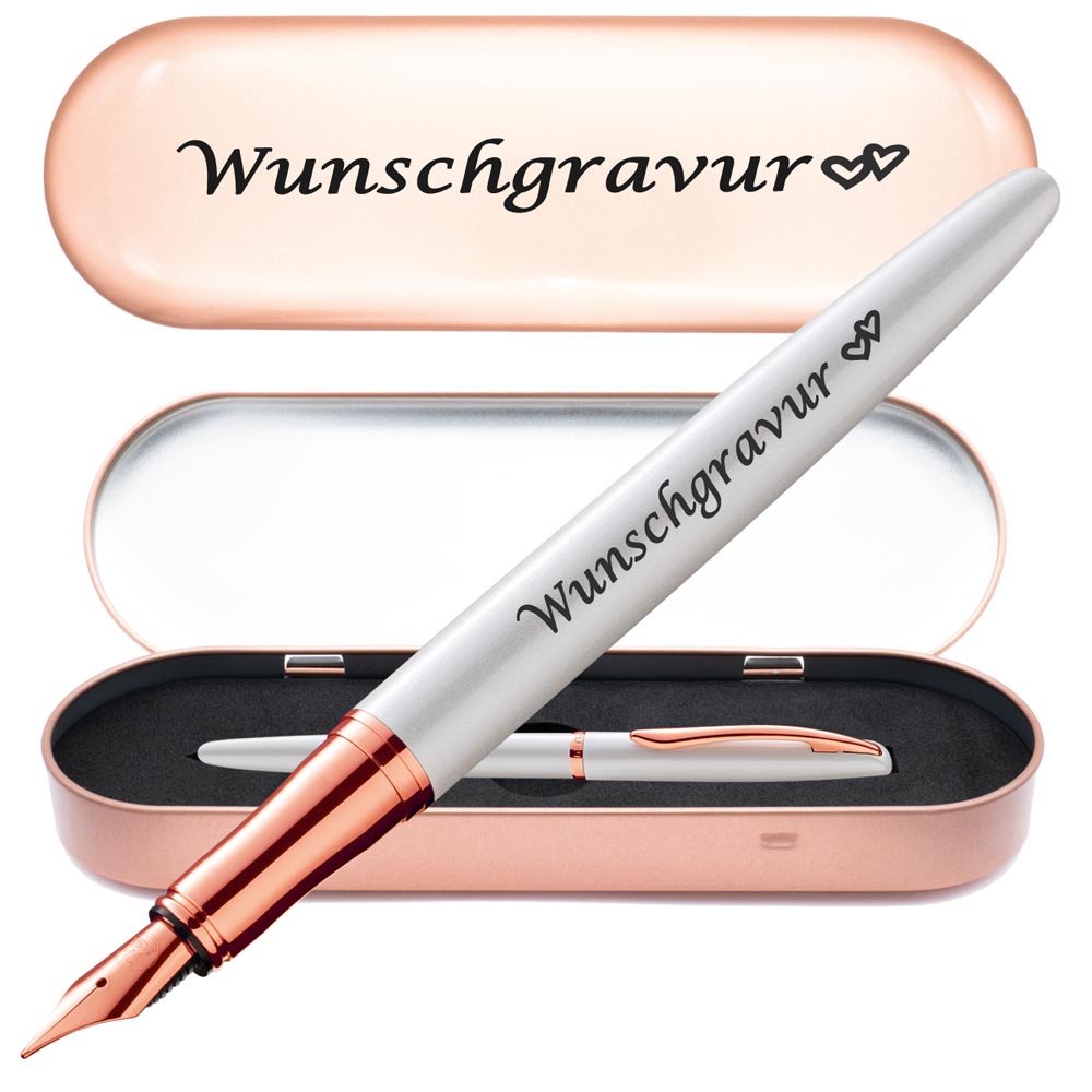 Pelikan Füllhalter Jazz® Noble Elegance mit Gravur als Geschenk | inkl. Etui mit Wunschgravur (Platz für 10 Stifte) | Emojis Gravur möglich | Farbe Perlmutt Weiß | personalisiert mit Wunschgravur