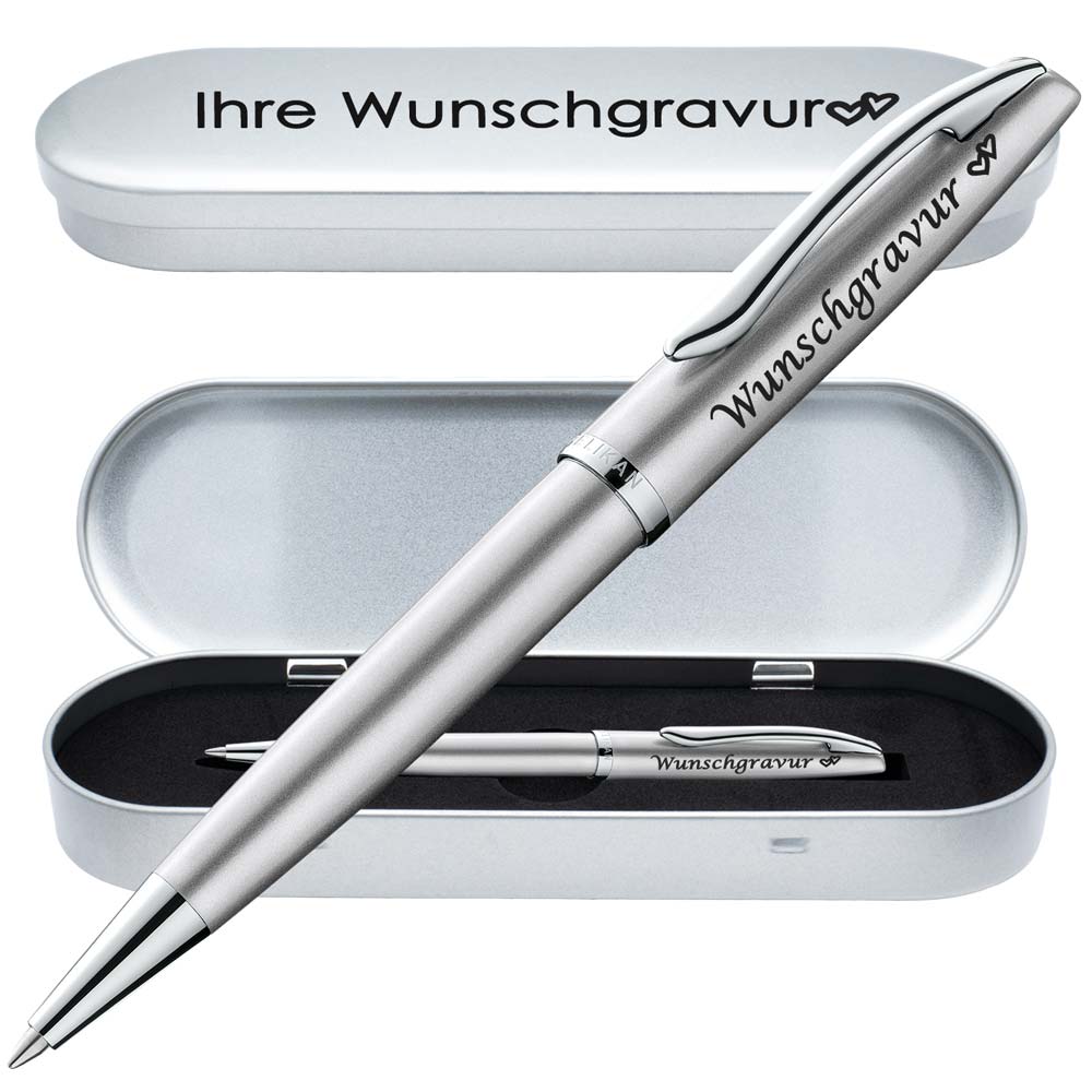 PeIikan Kugelschreiber mit Gravur als Geschenk | inkl. Etui mit Wunschgravur (Platz für 10 Stifte) | Emoji Gravur | Kugelschreiber Jazz Noble Elegance Silber
