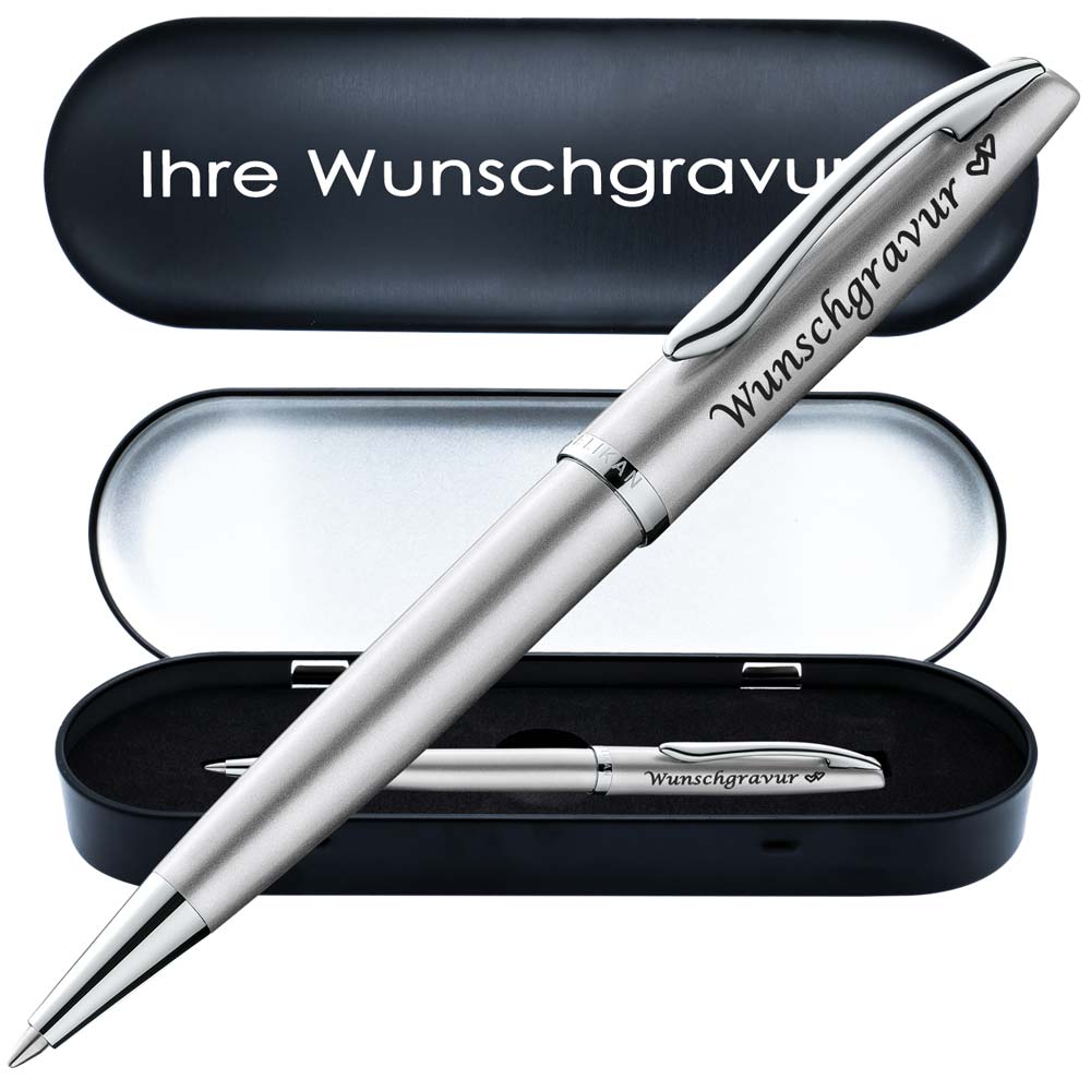 PeIikan Kugelschreiber mit Gravur als Geschenk | inkl. Etui mit Wunschgravur (Platz für 10 Stifte) | Emoji Gravur | Kugelschreiber Jazz Noble Elegance Silber