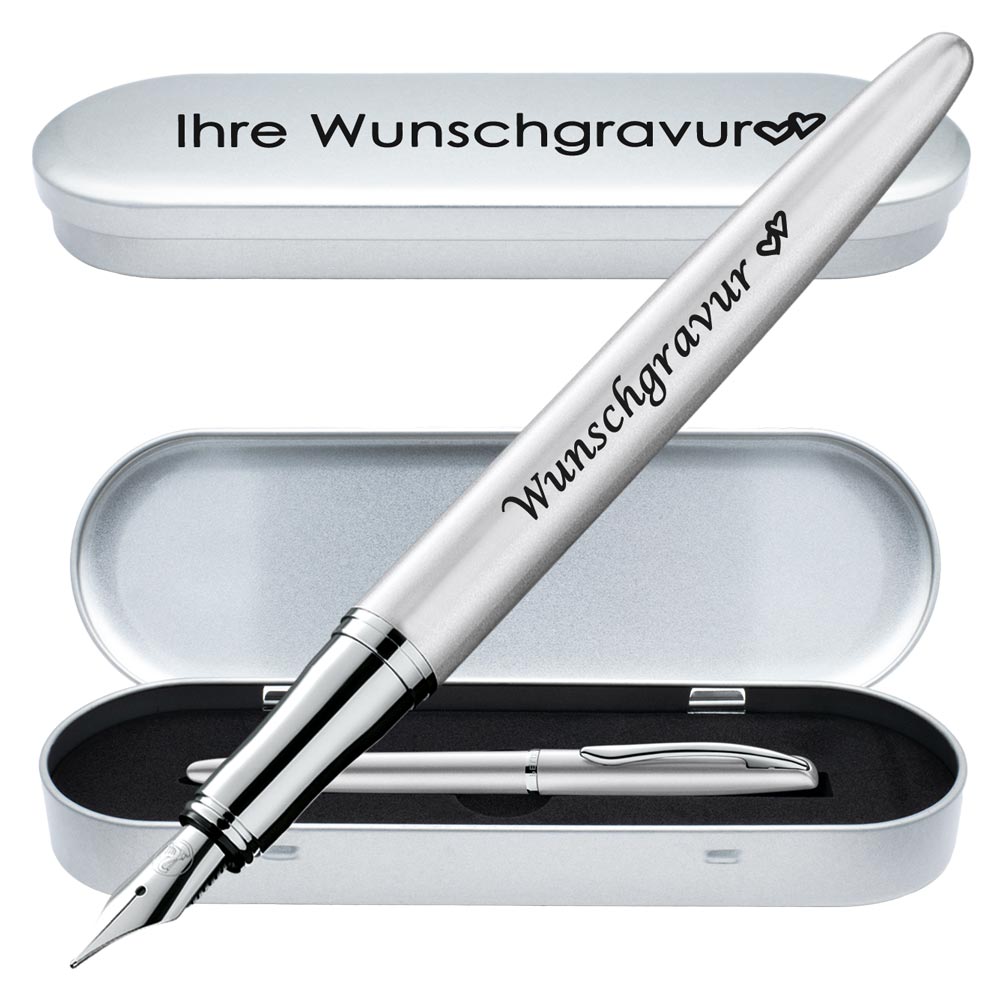 Pelikan Füllhalter Jazz® Noble Elegance mit Gravur als Geschenk | inkl. Etui mit Wunschgravur (Platz für 10 Stifte) | Emojis Gravur möglich | Farbe Silber | personalisiert mit Wunschgravur