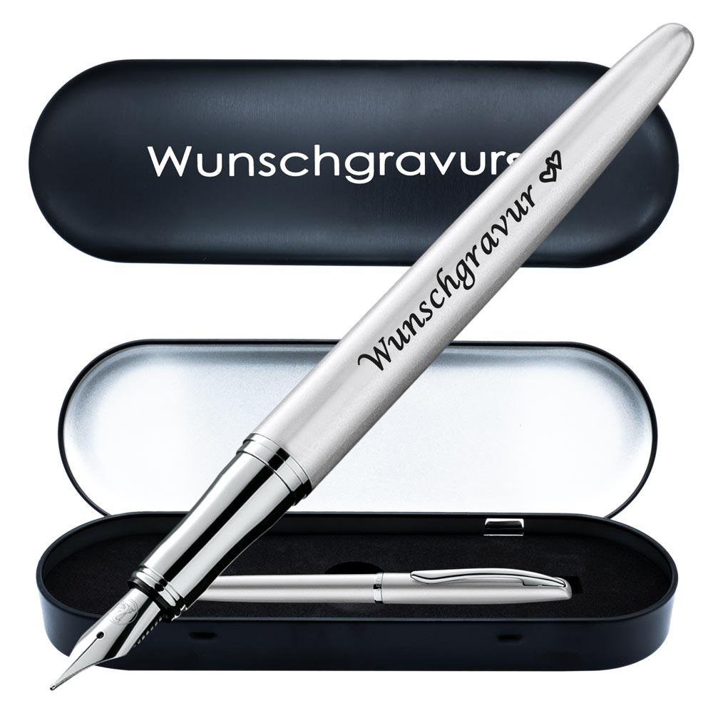 Pelikan Füllhalter Jazz® Noble Elegance mit Gravur als Geschenk | inkl. Etui mit Wunschgravur (Platz für 10 Stifte) | Emojis Gravur möglich | Farbe Silber | personalisiert mit Wunschgravur