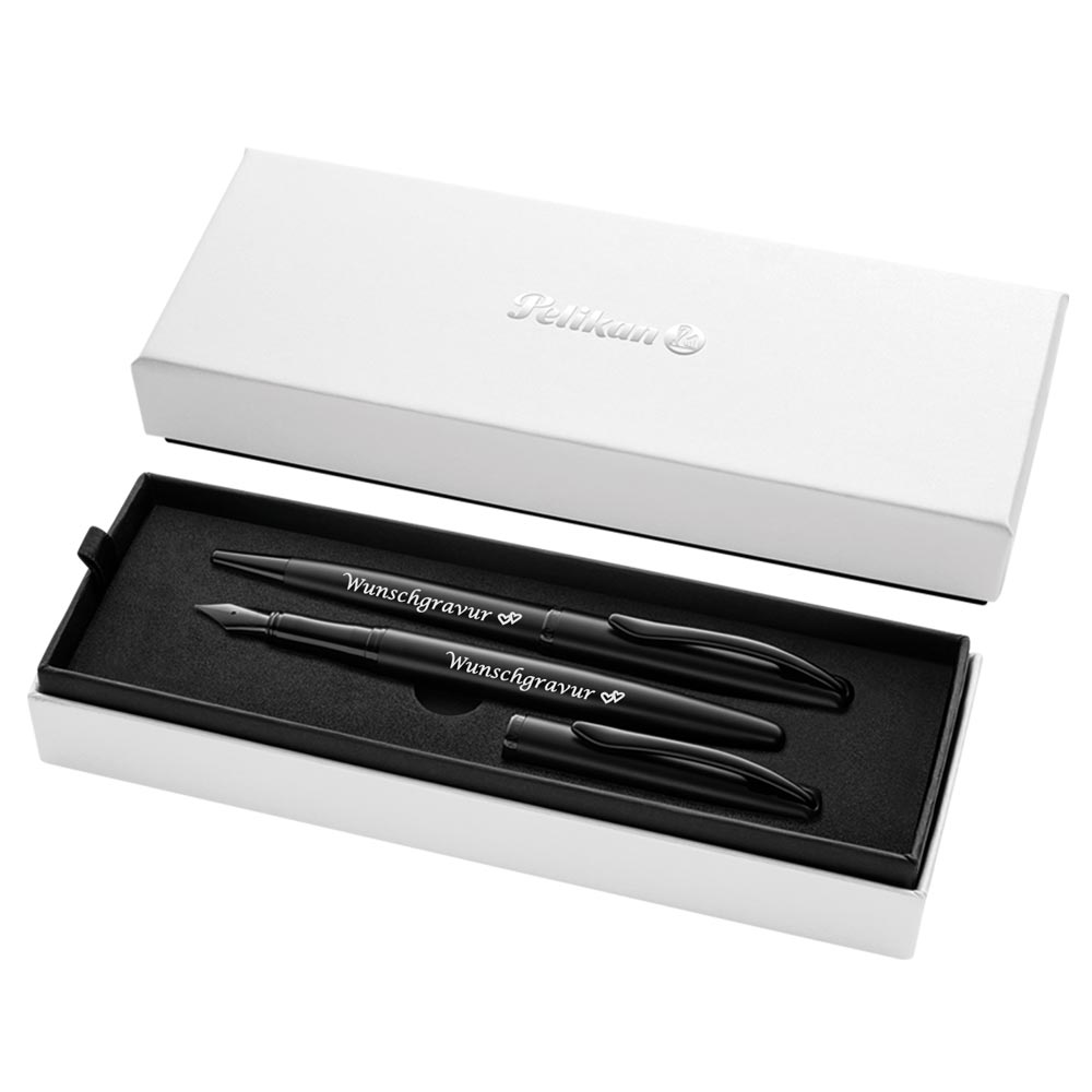 Pelikan Füller & Kugelschreiber Jazz® Noble Elegance im Set mit Wunschgravur | Carbon Schwarz | inkl. Geschenkeuti | Emoji Gravur |