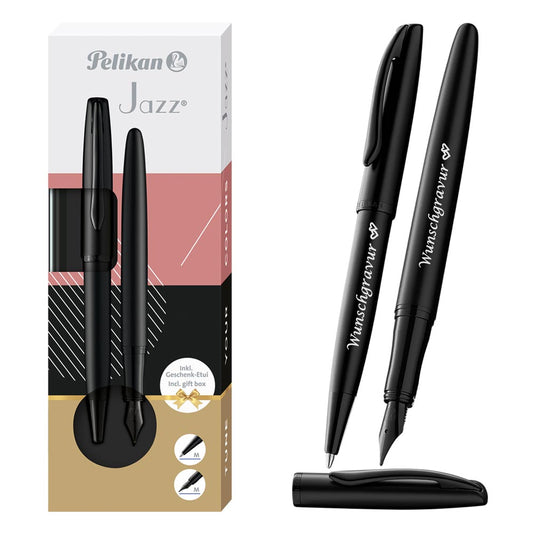 Pelikan Füller & Kugelschreiber Jazz® Noble Elegance im Set mit Wunschgravur | Carbon Schwarz | inkl. Geschenkeuti | Emoji Gravur |