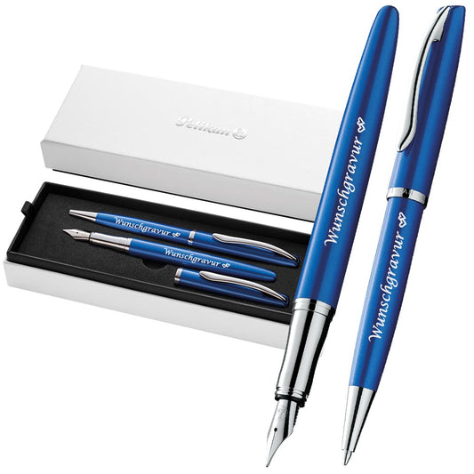 Pelikan Füller & Kugelschreiber Jazz® Noble Elegance im Set mit Wunschgravur | Saphire Blau | inkl. Geschenkeuti | Emoji Gravur |