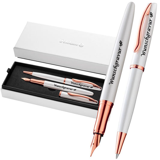 Pelikan Füller & Kugelschreiber Jazz® Noble Elegance im Set mit Wunschgravur | inkl. Geschenkeuti | Emoji Gravur | Perlmutt Weiß |