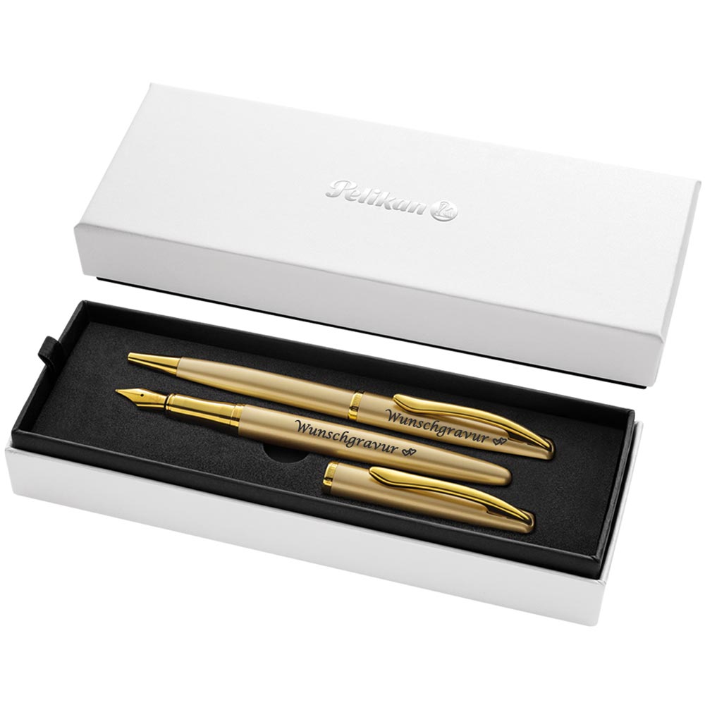 Pelikan Füller & Kugelschreiber Jazz® Noble Elegance im Set mit Wunschgravur | Gold Gelb | inkl. Geschenkeuti | Emojis Gravur |