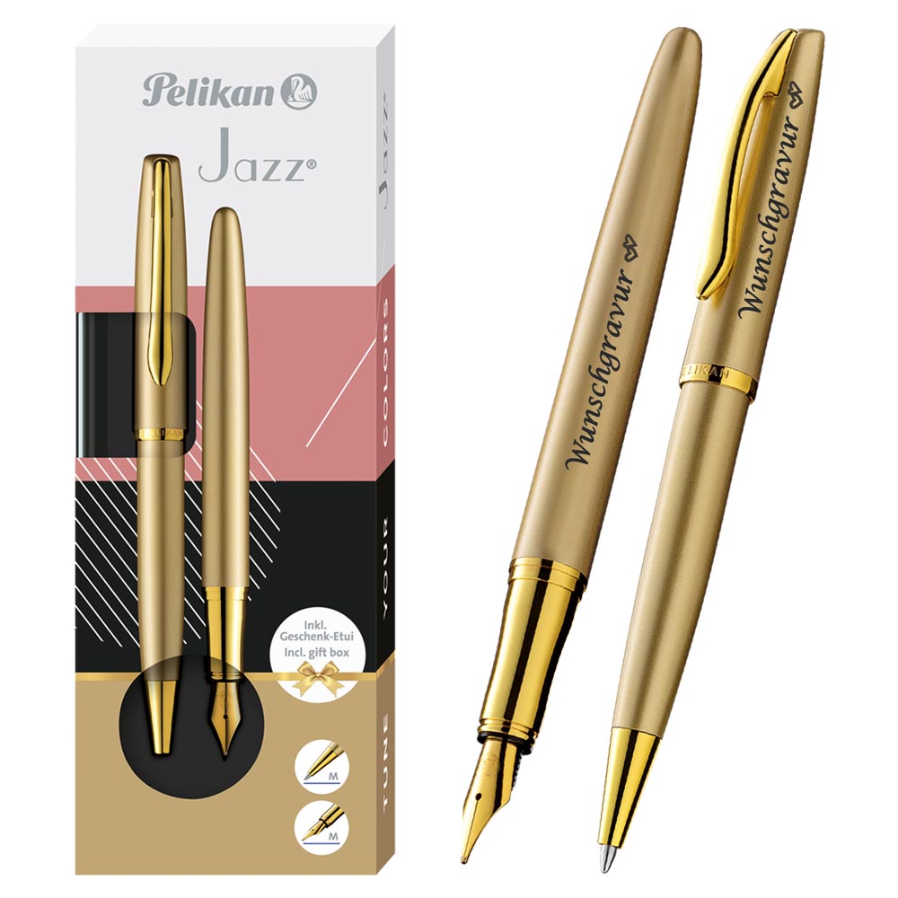 Pelikan Füller & Kugelschreiber Jazz® Noble Elegance im Set mit Wunschgravur | Gold Gelb | inkl. Geschenkeuti | Emojis Gravur |