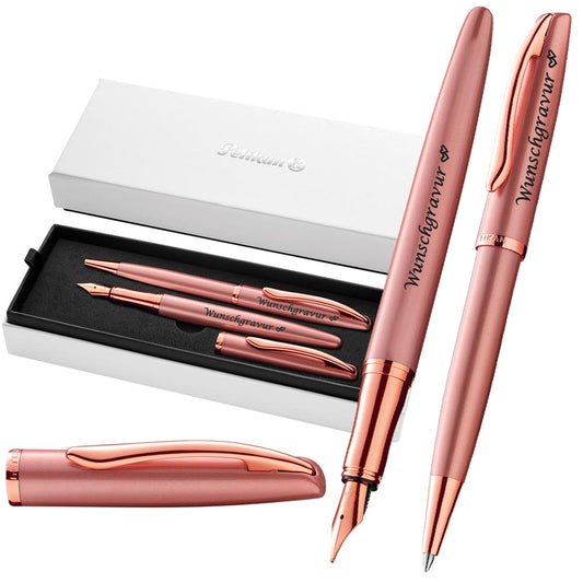 Pelikan Füller & Kugelschreiber Jazz® Noble Elegance im Set mit Wunschgravur | inkl. Geschenkeuti | Emoji Gravur | Pink Rose