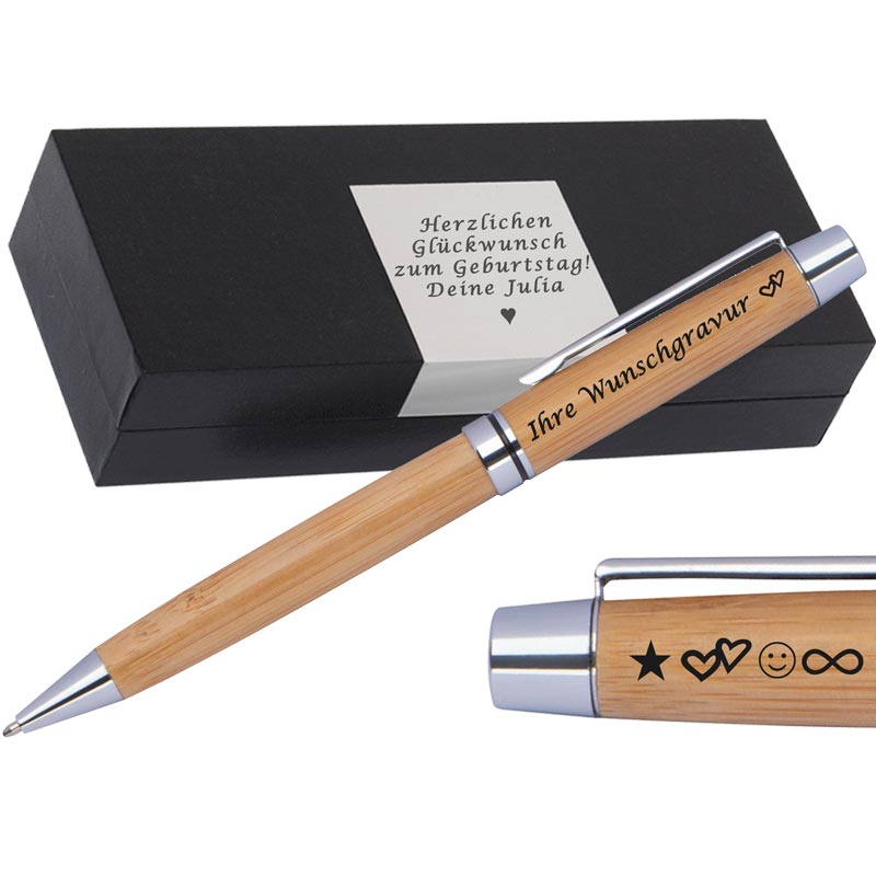 Drehkugelschreiber aus Bambus mit Gravur | blau schreibend | Kugelschreiber personalisiert |