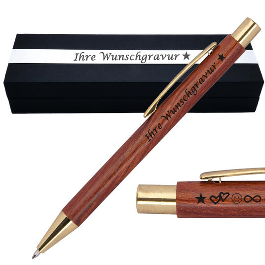 Kugelschreiber aus Holz  mit goldenen Applikationen | blau schreibend | Kugelschreiber personalisiert |