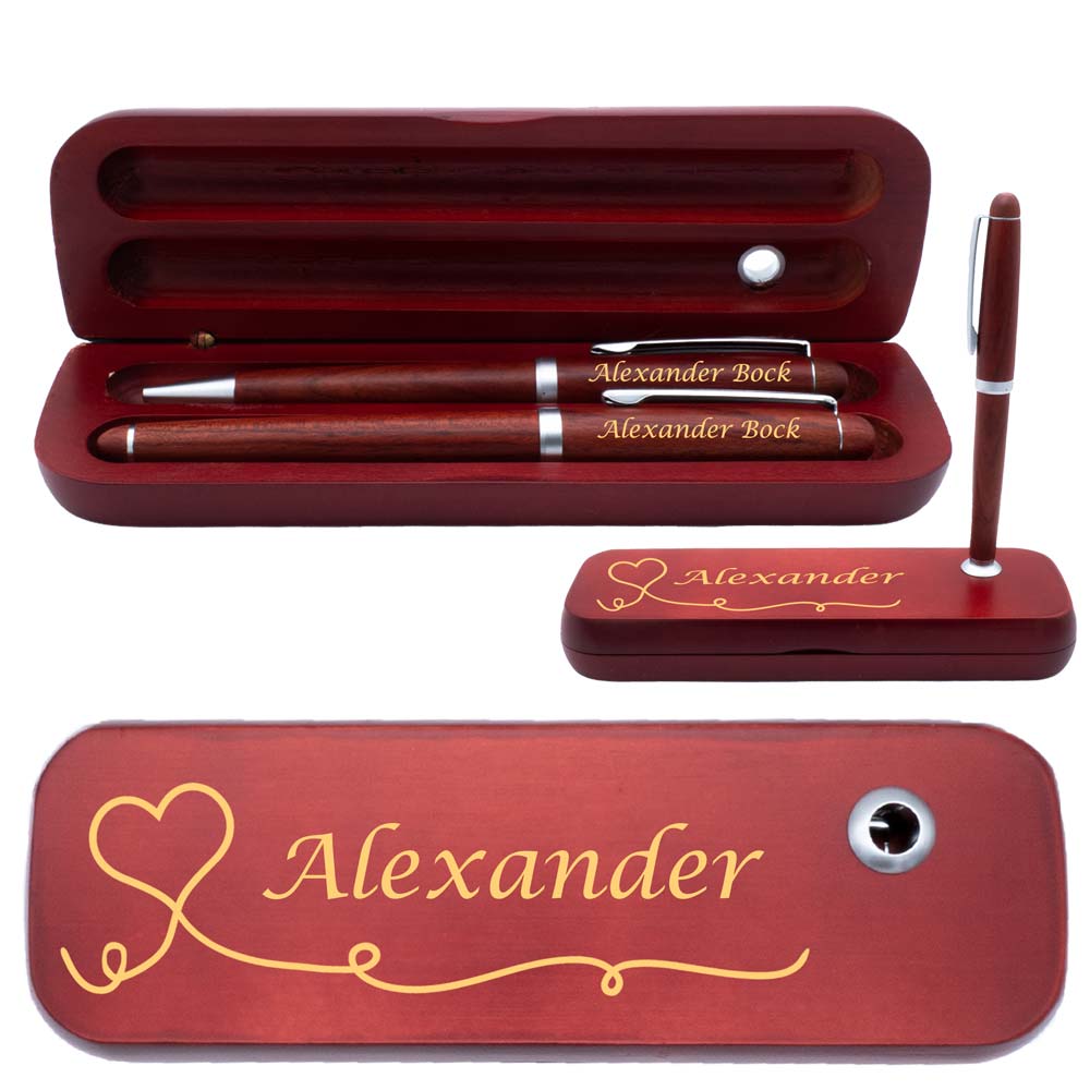 Holz Schreibset mit Box | Box, Kugelschreiber und Füllfederhalter mit Wunschgravur | Holzbox mit Kugelschreiberständer | blau schreibend