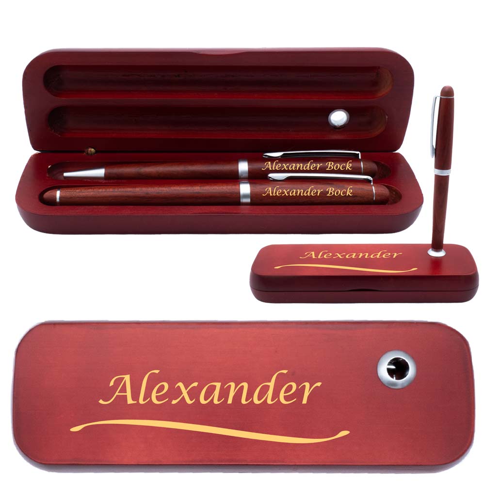 Holz Schreibset mit Box | Box, Kugelschreiber und Füllfederhalter mit Wunschgravur | Holzbox mit Kugelschreiberständer | blau schreibend