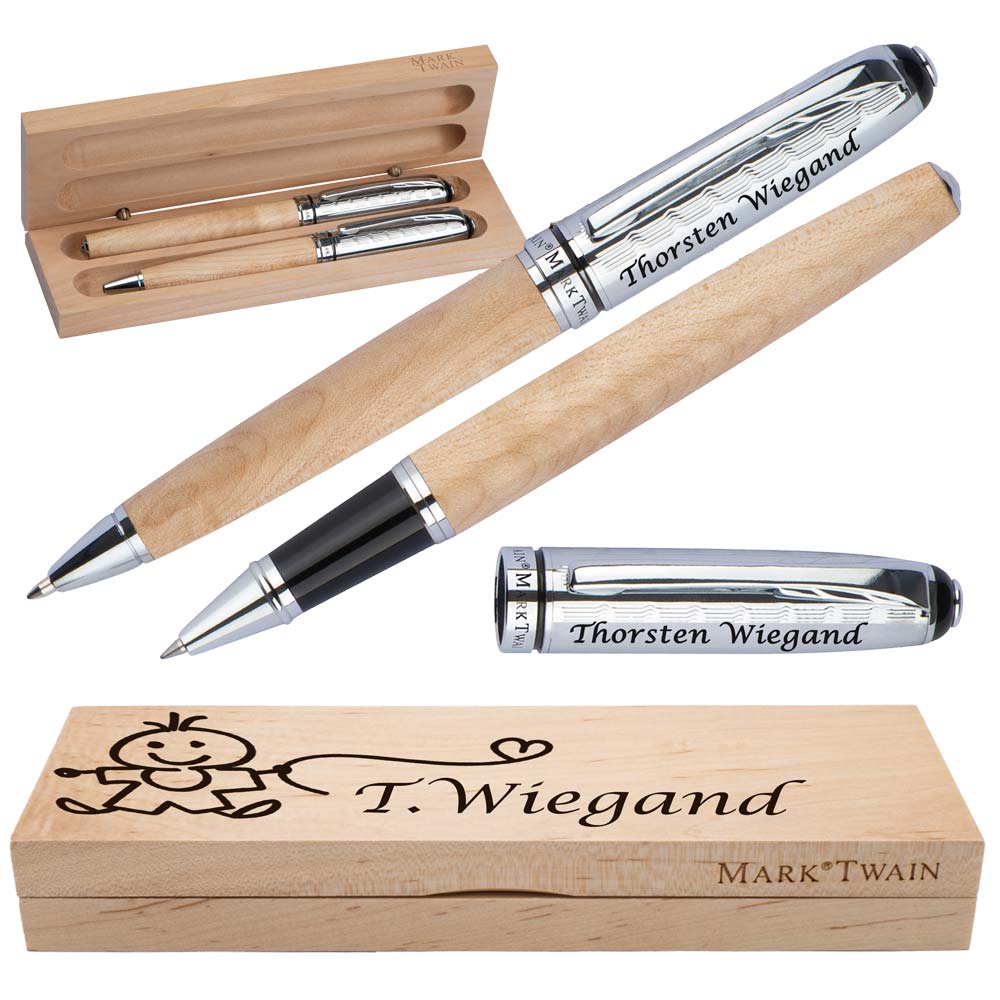 Mark Twain Schreibset aus Holz mit Box | Holzkorpus Drehkugelschreiber und Rollerball aus Metall mit Gravur | Großraummine blau schreibend | Box mit Wunschgravur