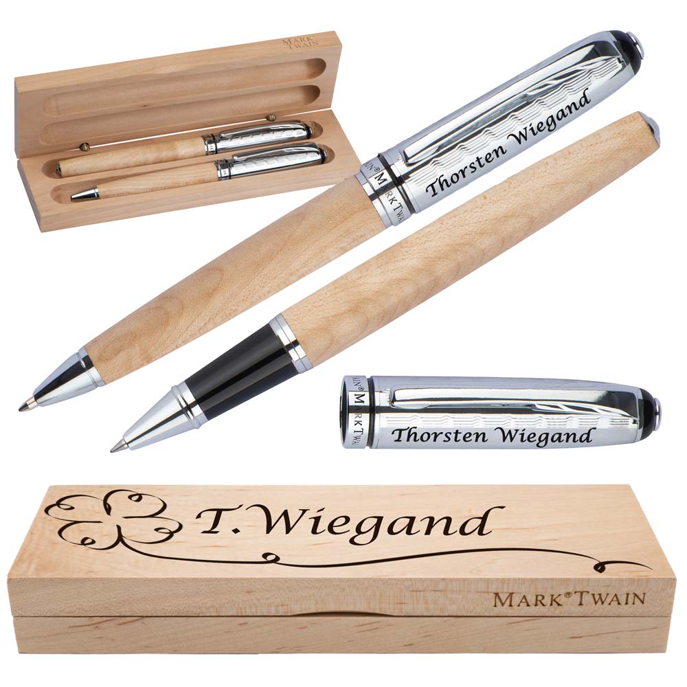 Mark Twain Schreibset aus Holz mit Box | Holzkorpus Drehkugelschreiber und Rollerball aus Metall mit Gravur | Großraummine blau schreibend | Box mit Wunschgravur