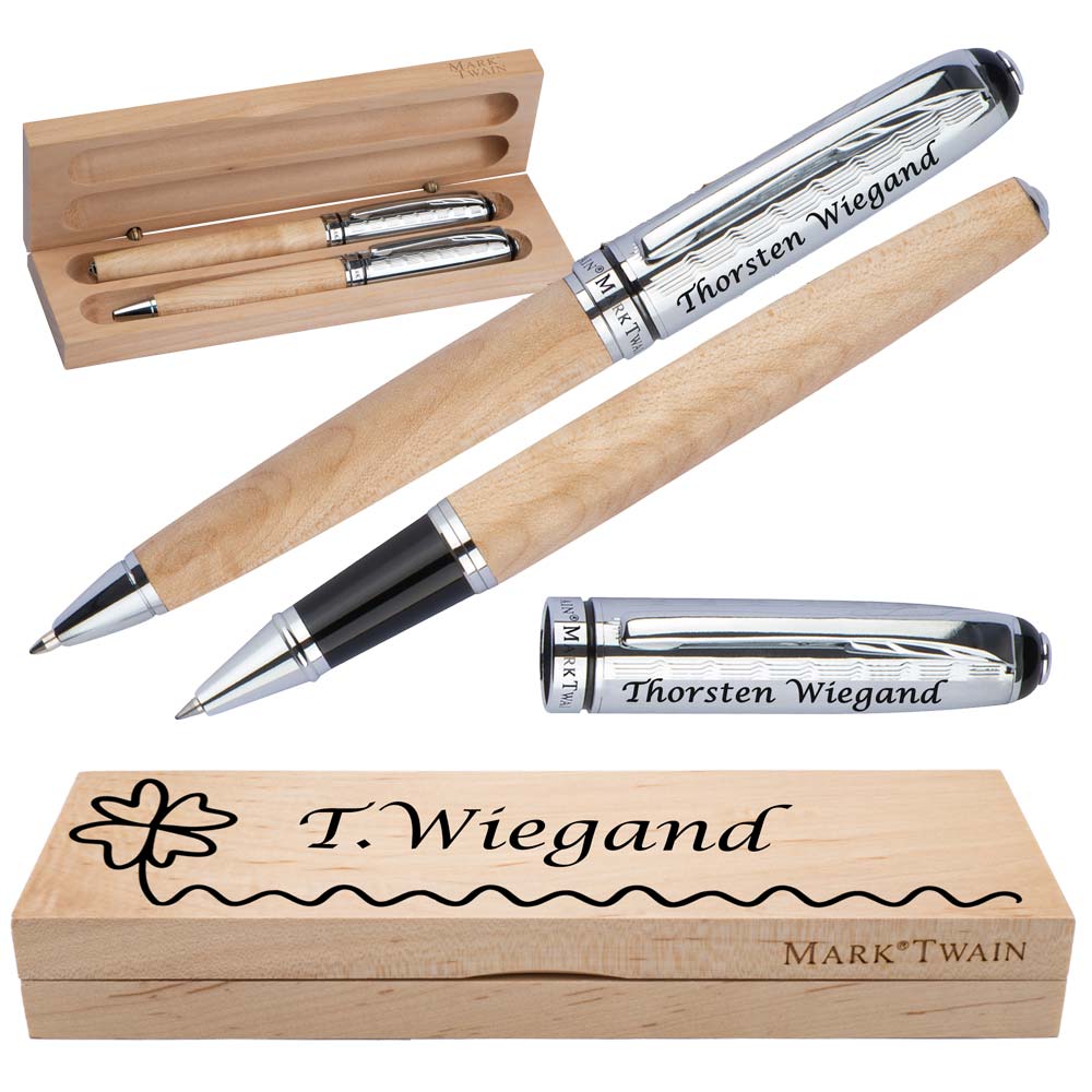 Mark Twain Schreibset aus Holz mit Box | Holzkorpus Drehkugelschreiber und Rollerball aus Metall mit Gravur | Großraummine blau schreibend | Box mit Wunschgravur