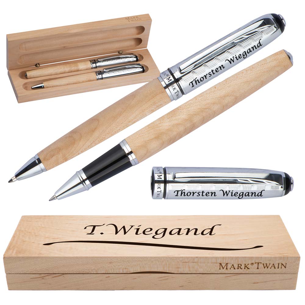 Mark Twain Schreibset aus Holz mit Box | Holzkorpus Drehkugelschreiber und Rollerball aus Metall mit Gravur | Großraummine blau schreibend | Box mit Wunschgravur