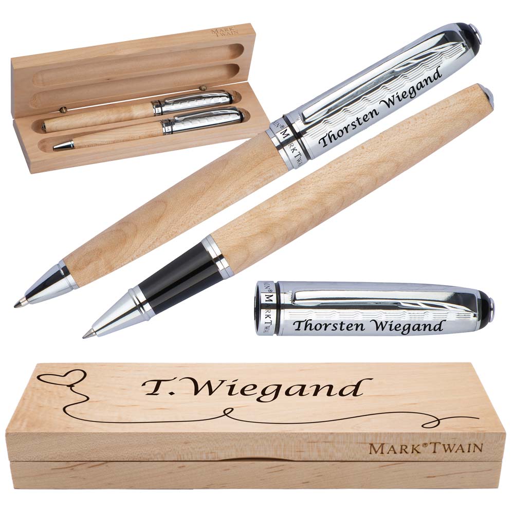 Mark Twain Schreibset aus Holz mit Box | Holzkorpus Drehkugelschreiber und Rollerball aus Metall mit Gravur | Großraummine blau schreibend | Box mit Wunschgravur