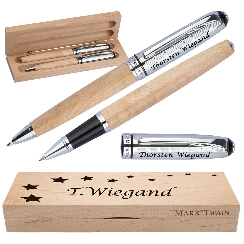 Mark Twain Schreibset aus Holz mit Box | Holzkorpus Drehkugelschreiber und Rollerball aus Metall mit Gravur | Großraummine blau schreibend | Box mit Wunschgravur