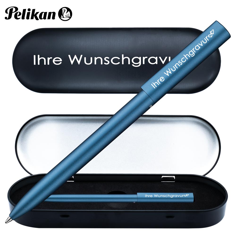 Pelikan Kugelschreiber Ineo® mit Gravur | inkl. Etui mit Wunschgravur (Platz für 10 Stifte) | Petrol - Blau |