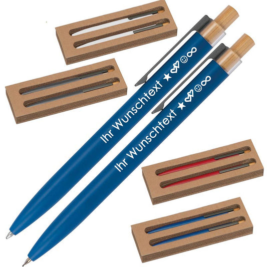Schreibset mit Wunschgravur | Kugelschreiber und Druckbleistift | Bambusdrücker | recyceltes Aluminium | Blau schreibend  Schriftarten | Werbekugelschreiber Gravur