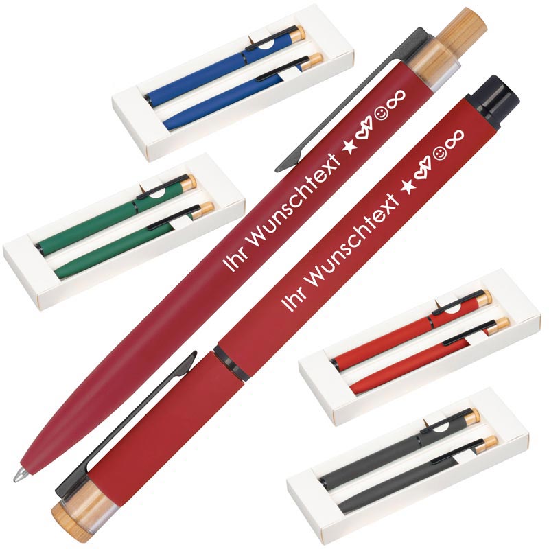 Schreibset mit Wunschgravur | Kugelschreiber und Rollerball | Bambusdrücker | recyceltes Aluminium | Blau schreibend  Schriftarten | Werbekugelschreiber Gravur