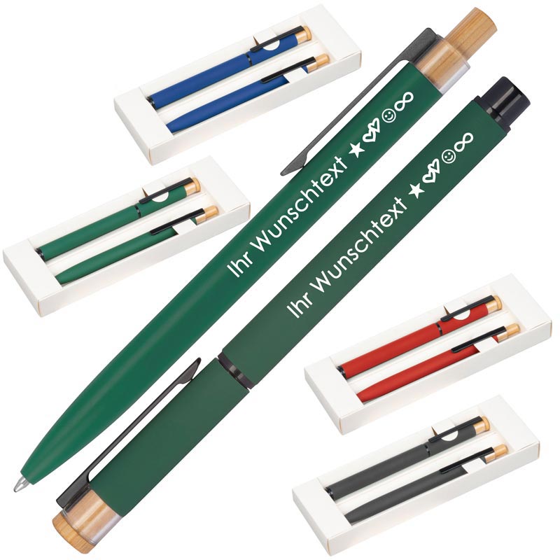 Schreibset mit Wunschgravur | Kugelschreiber und Rollerball | Bambusdrücker | recyceltes Aluminium | Blau schreibend  Schriftarten | Werbekugelschreiber Gravur