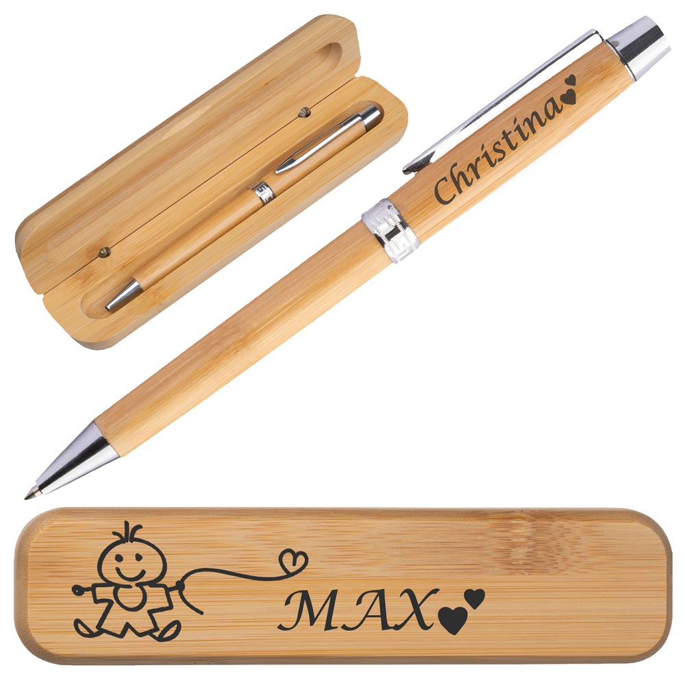 Personalisierter Bambus-Kugelschreiber mit Etui | Kugelschreiber mit Wunschgravur | Bambus Eui mit Gravur | Blau schreibend | verschiedene Motive