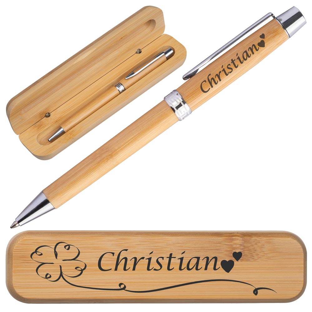 Personalisierter Bambus-Kugelschreiber mit Etui | Kugelschreiber mit Wunschgravur | Bambus Eui mit Gravur | Blau schreibend | verschiedene Motive